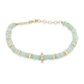 14k Gold & Mixed Light Blue Opal Rondelle Bead Bracelet with 2 Prong Diamonds