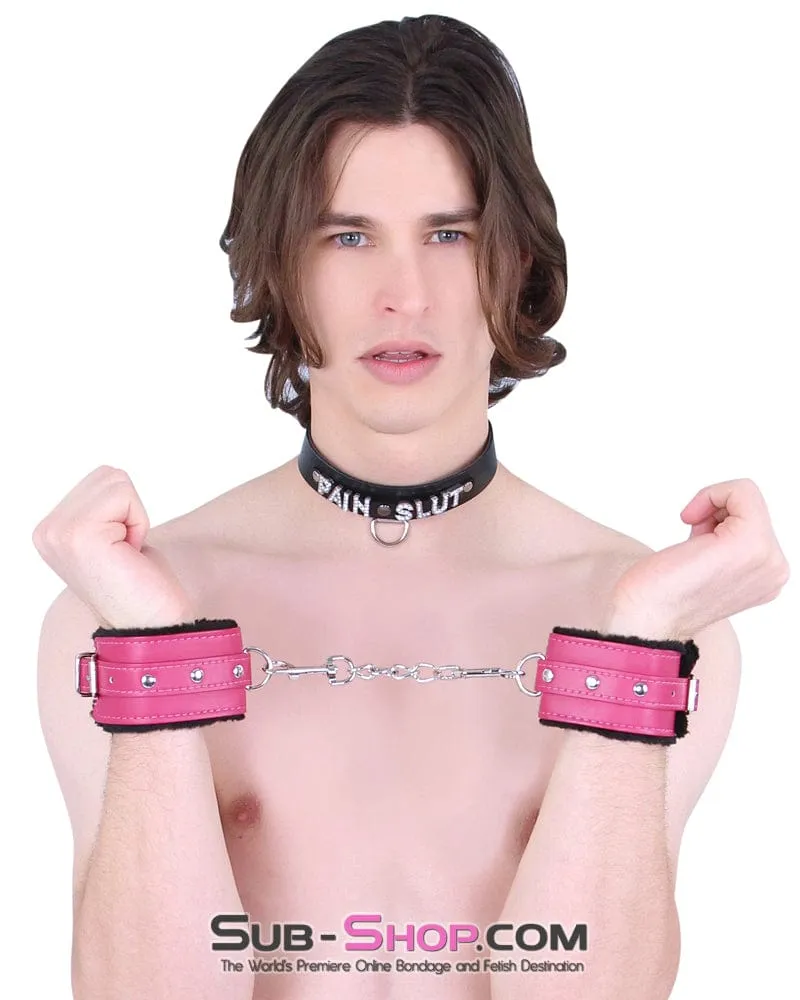 9048DL      Fur Lined Sex Bomb Pink Wrist Bondage Cuffs and Chain Set
