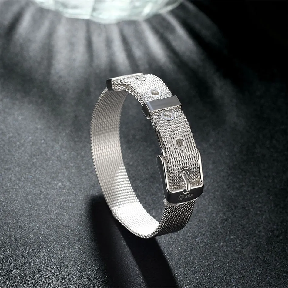 925 Sterling Silver 10/12/14mm Web Watch Belt Bangles Bracelets For Women