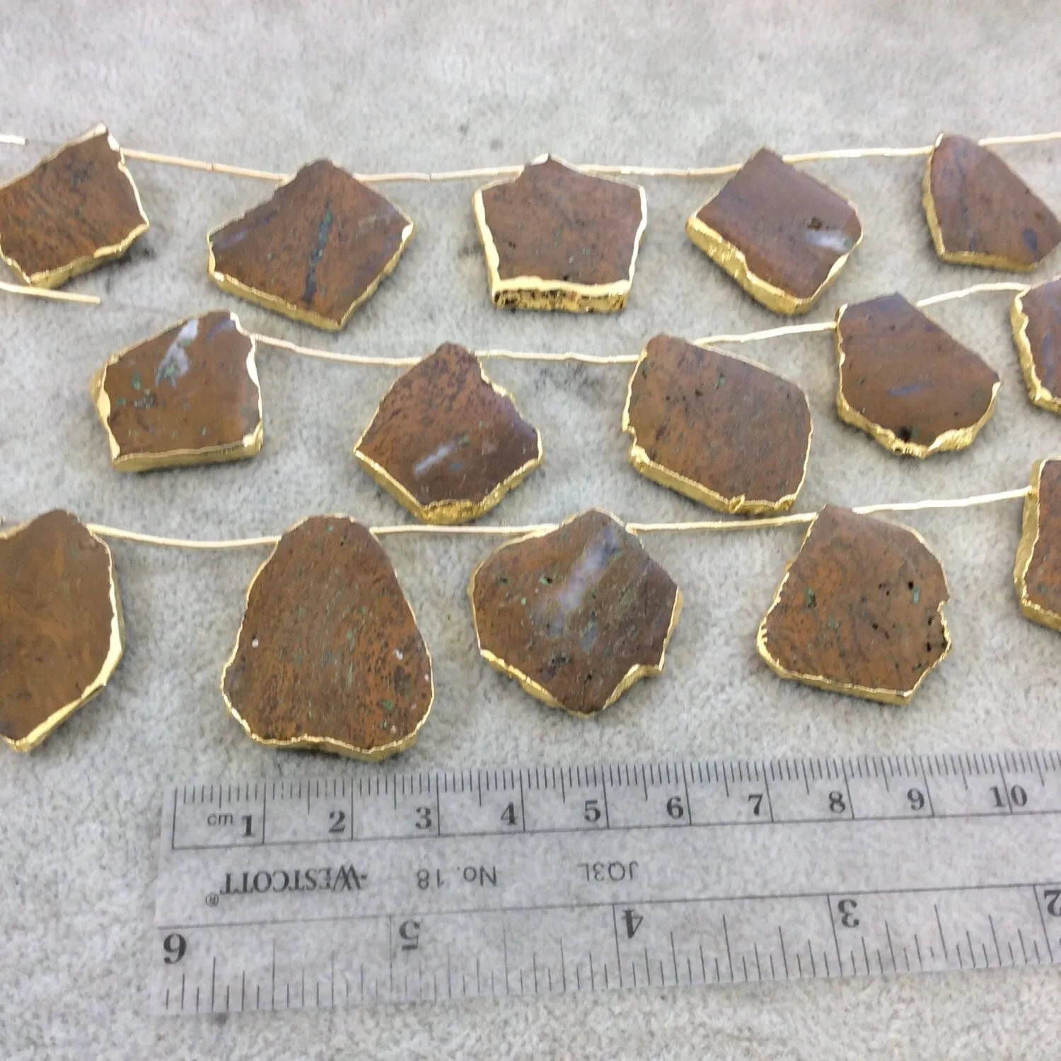 African Opal Slab Beads - Natural Brown with Gold Electroplating, Smooth Top-Drilled Slices, 9.5" Strand (9 Beads).