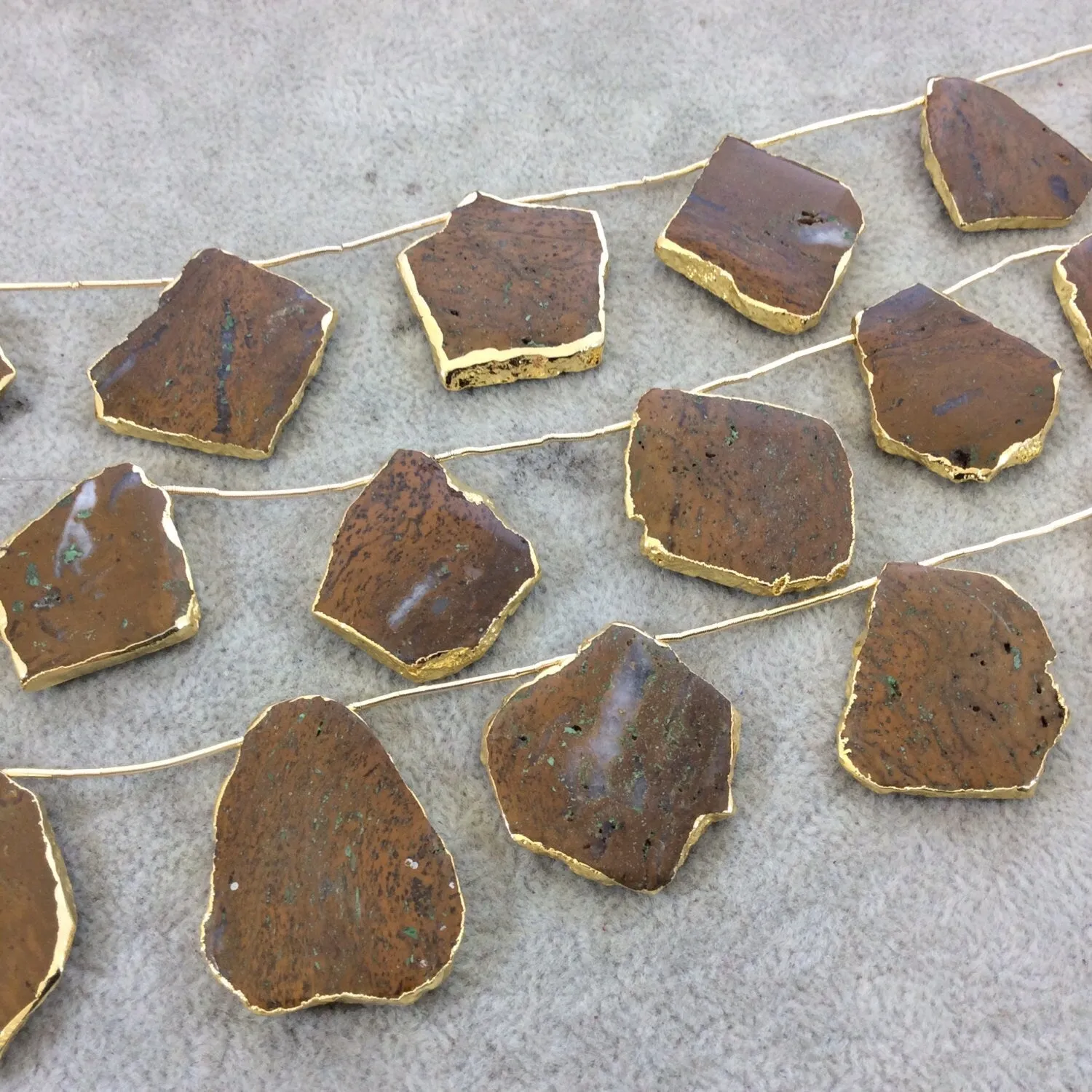 African Opal Slab Beads - Natural Brown with Gold Electroplating, Smooth Top-Drilled Slices, 9.5" Strand (9 Beads).