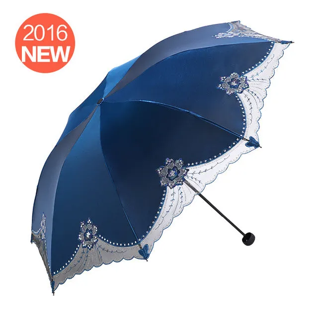 against UV sunscreen to cover sun, rain, umbrella, black gum, folding umbrella and female embroidered umbrella