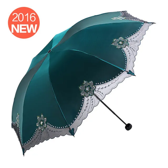 against UV sunscreen to cover sun, rain, umbrella, black gum, folding umbrella and female embroidered umbrella