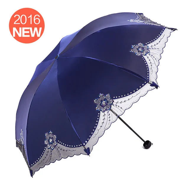 against UV sunscreen to cover sun, rain, umbrella, black gum, folding umbrella and female embroidered umbrella