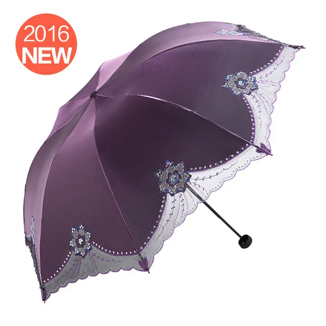 against UV sunscreen to cover sun, rain, umbrella, black gum, folding umbrella and female embroidered umbrella