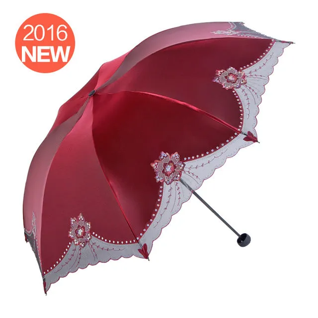 against UV sunscreen to cover sun, rain, umbrella, black gum, folding umbrella and female embroidered umbrella