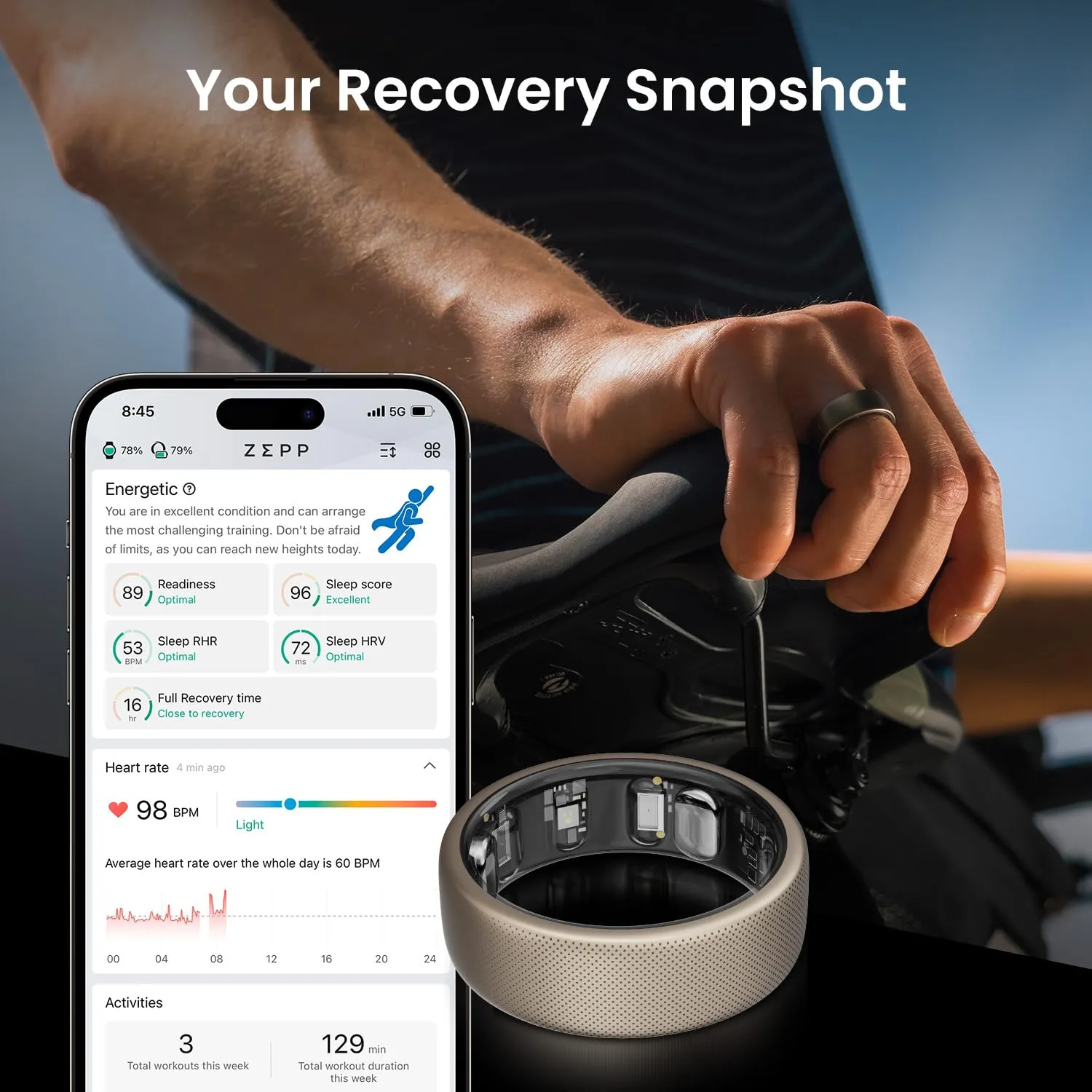 Amazfit Helio Smart Ring, Wearable Fitness Tracker, Sleep Heart Rate Health Monitor, No App Subscription, 4 Days Battery Life, Fast Wireless Charging, 10 ATM Water-Resistance (Size 8)
