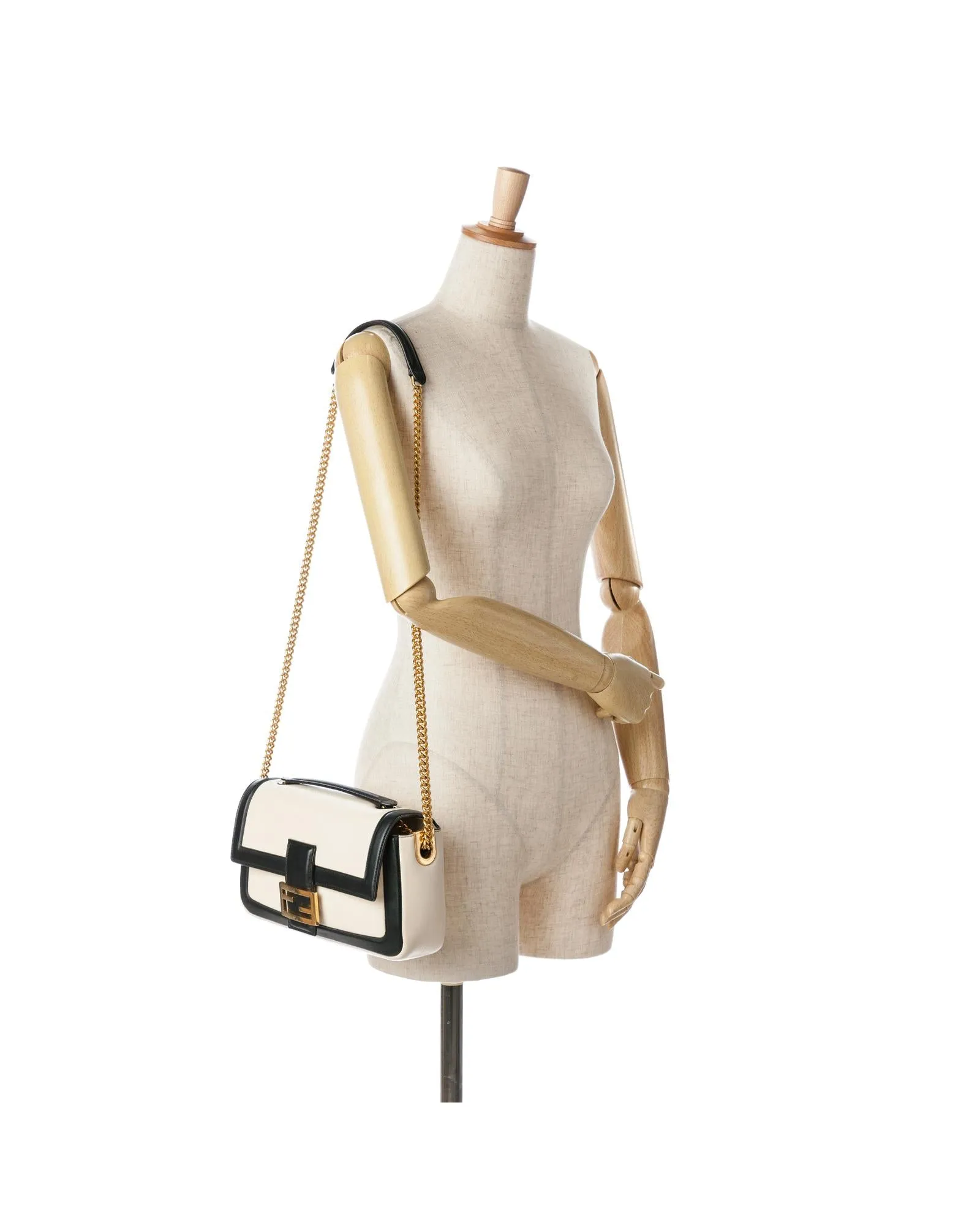 Bicolor Leather Chain Midi Baguette with Flap Closure