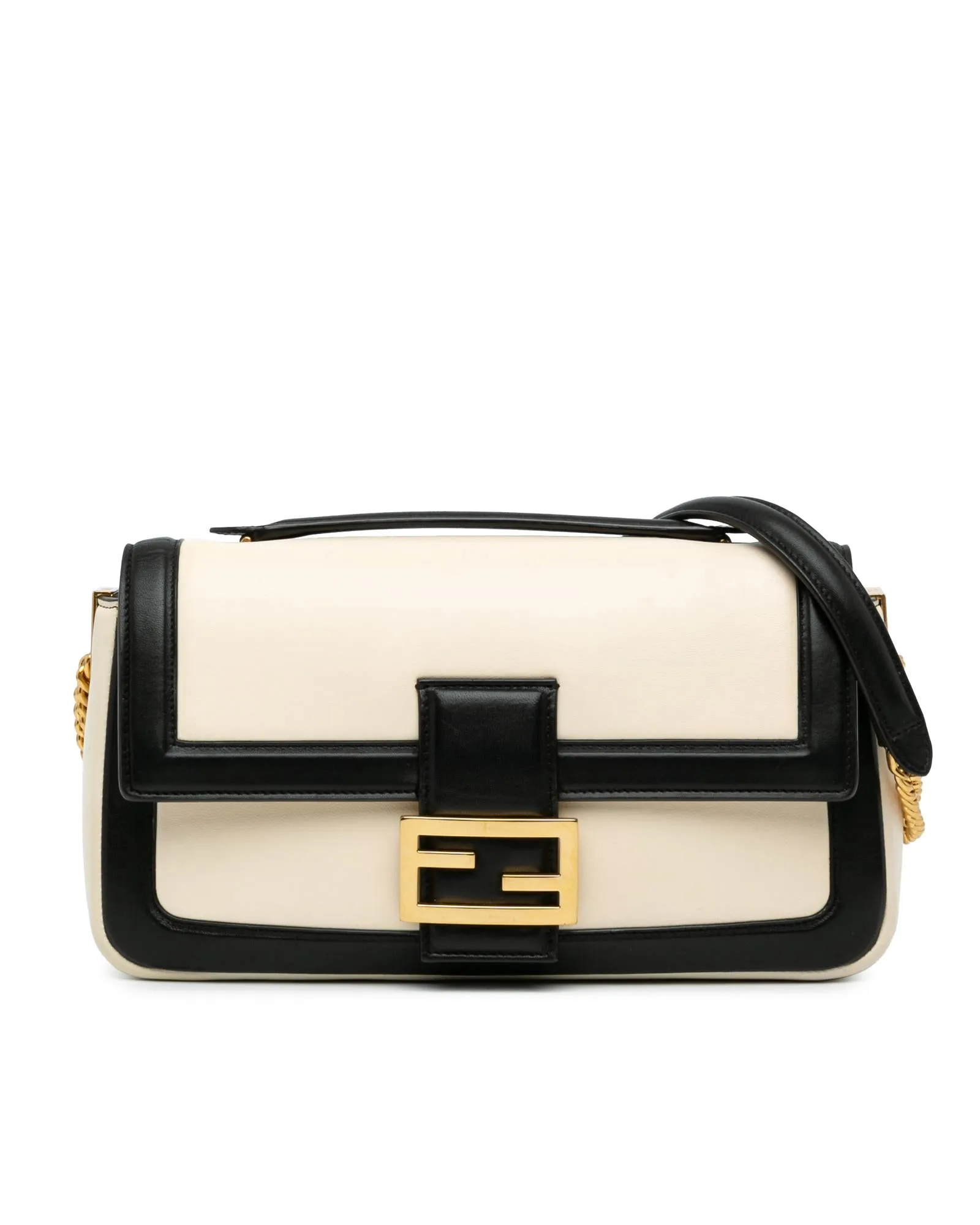 Bicolor Leather Chain Midi Baguette with Flap Closure