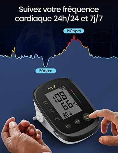 Blood Pressure Monitor,AILE Blood Pressure Machine Upper Arm Large Cuff(8.7"-16.5" Adjustable),Automatic high Blood Pressure Cuff for Home use (Black)
