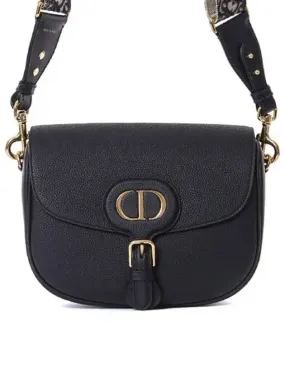 Bobby Grained Calfskin Oblique Embroidered Strap Large Shoulder Bag Black