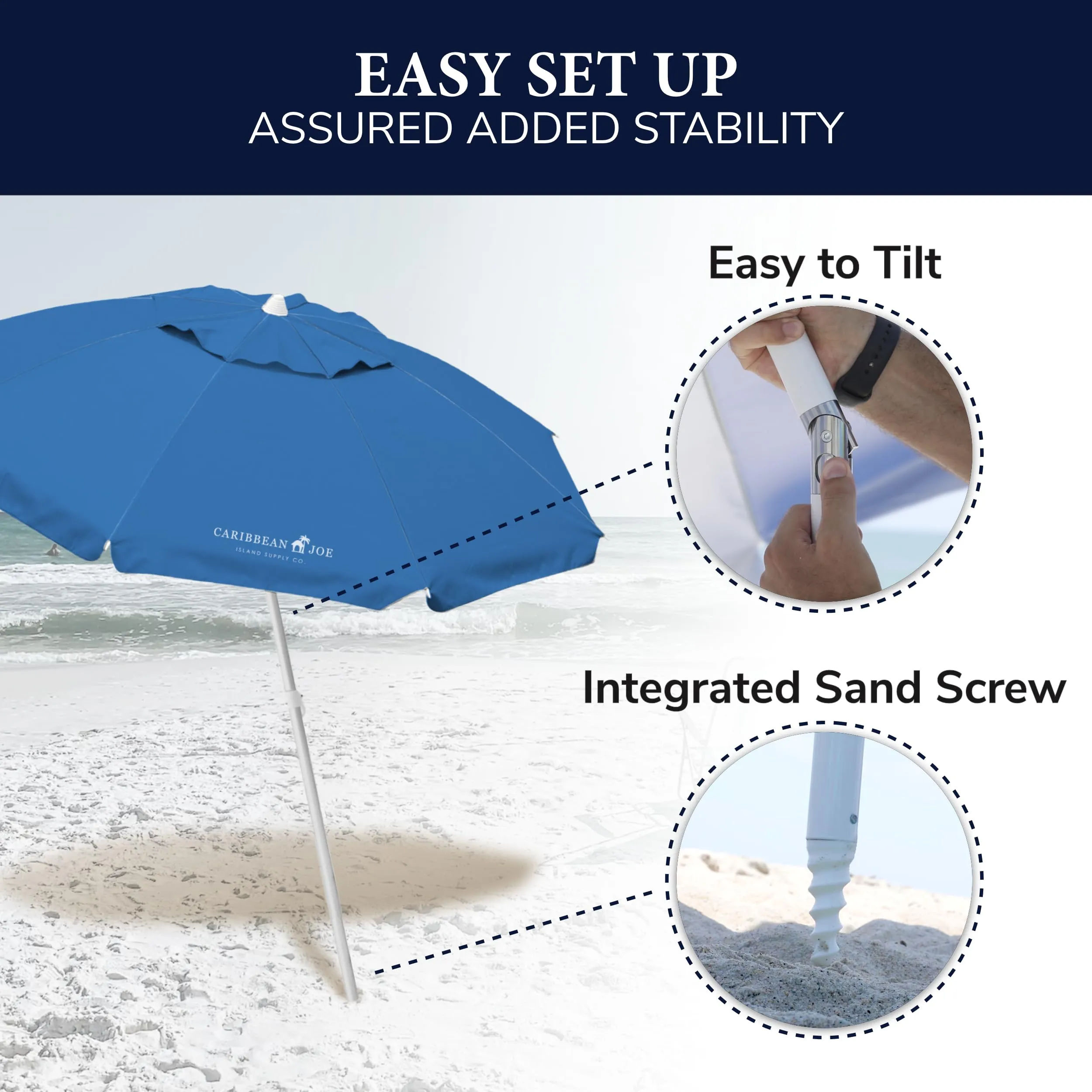 CARIBBEAN JOE Beach Umbrella, Portable and Adjustable Tilt Sun Umbrella with UV Protection, Vented Canopy, Full 6.5 ft Arc, Blue