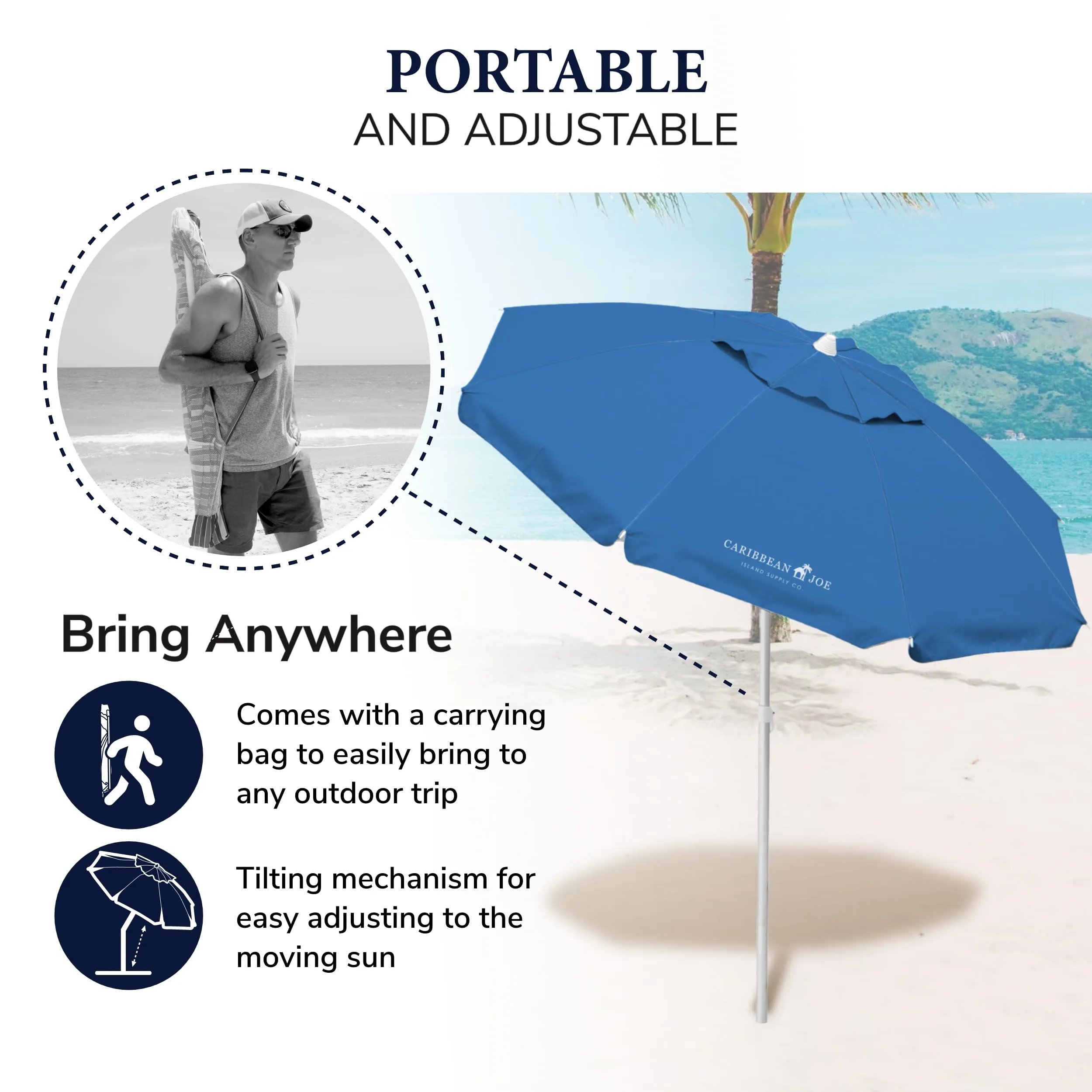 CARIBBEAN JOE Beach Umbrella, Portable and Adjustable Tilt Sun Umbrella with UV Protection, Vented Canopy, Full 6.5 ft Arc, Blue