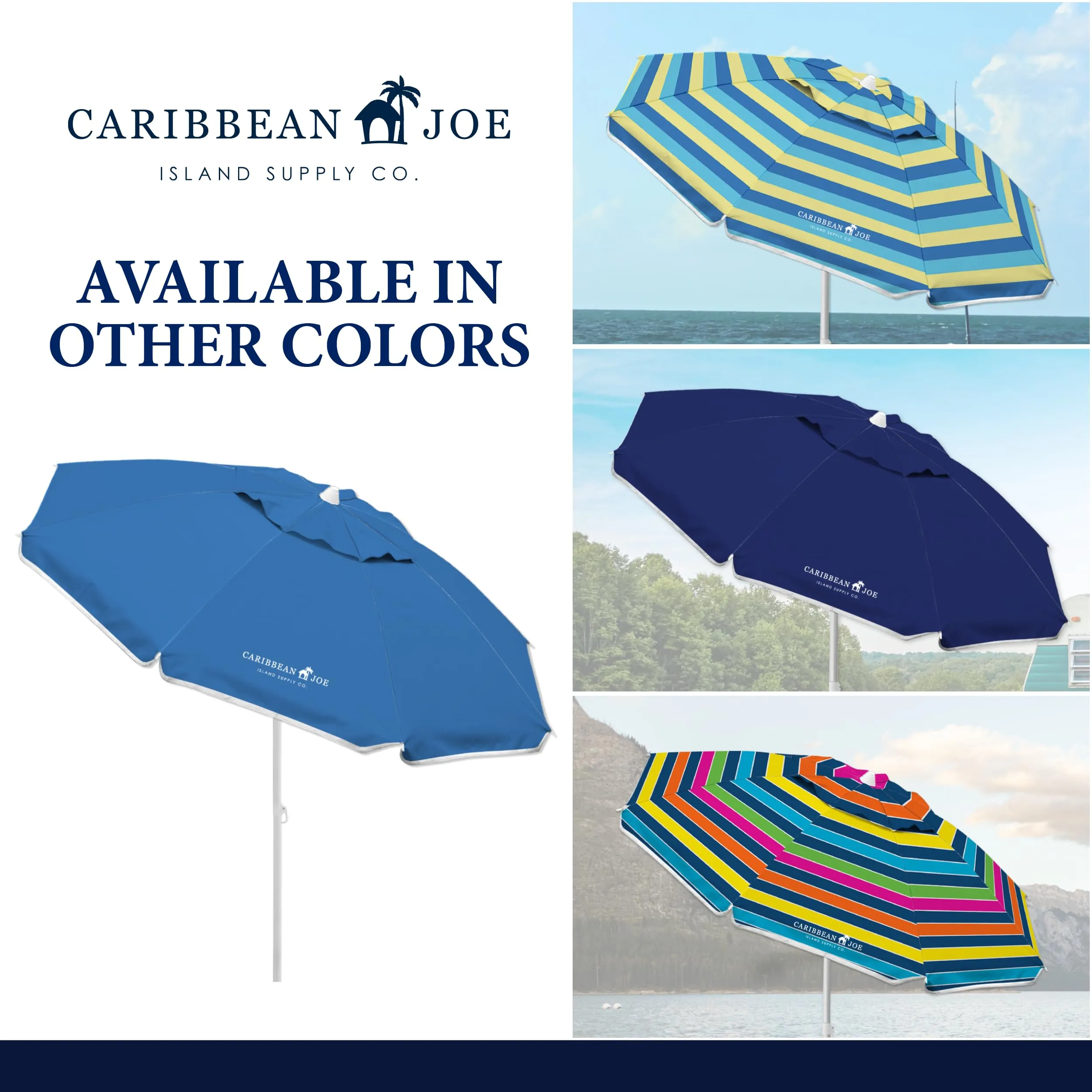 CARIBBEAN JOE Beach Umbrella, Portable and Adjustable Tilt Sun Umbrella with UV Protection, Vented Canopy, Full 6.5 ft Arc, Blue