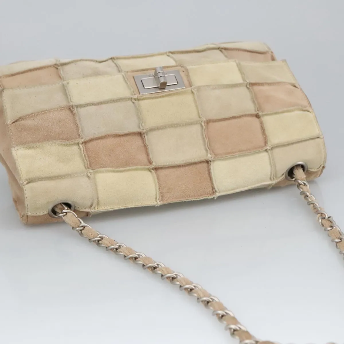 CHANEL Choco Bar Chain Shoulder Bag Suede Beige CC yb716