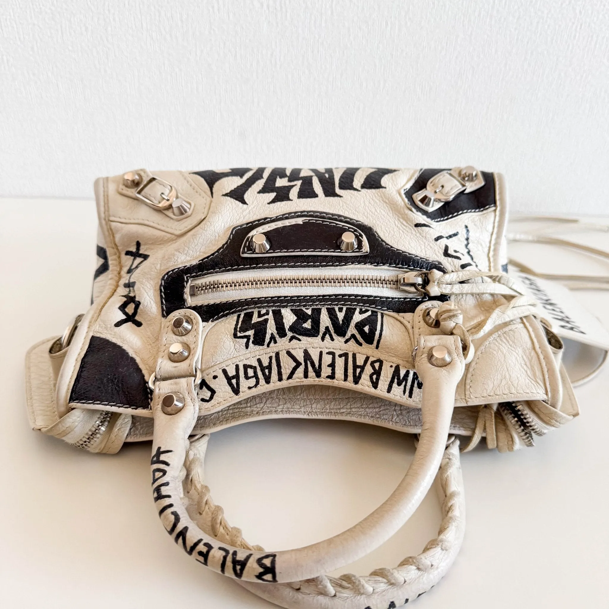 City Mini Black Graffiti White Leather Shoulder Bag