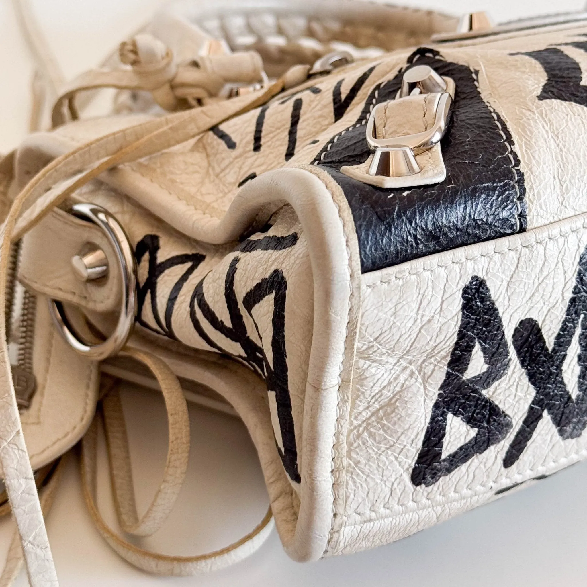 City Mini Black Graffiti White Leather Shoulder Bag