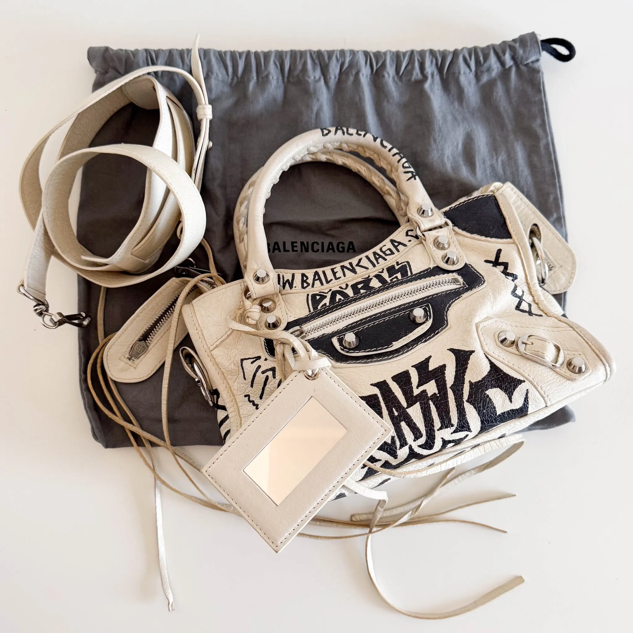 City Mini Black Graffiti White Leather Shoulder Bag