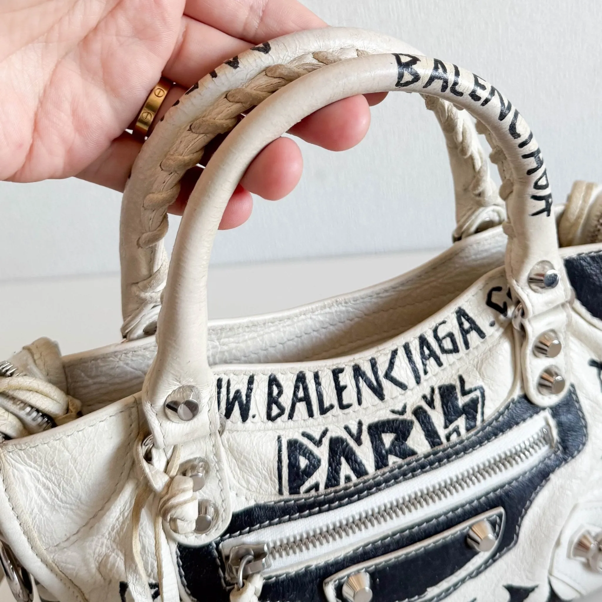 City Mini Black Graffiti White Leather Shoulder Bag