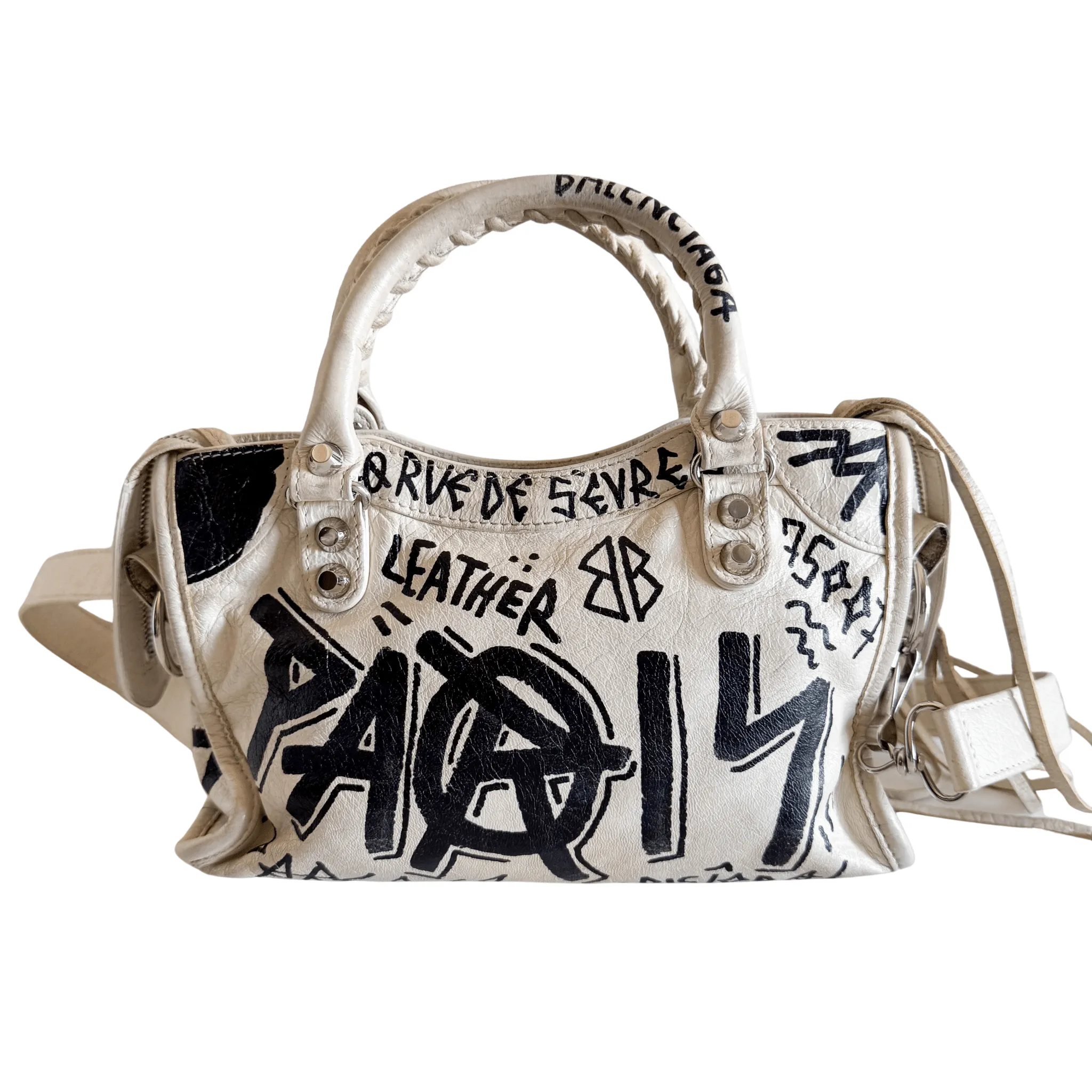 City Mini Black Graffiti White Leather Shoulder Bag