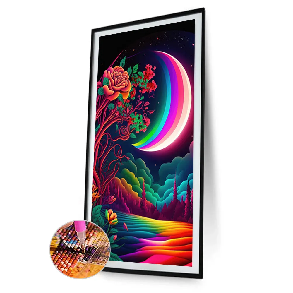Colorful Moon And Red Rose 40*70Ccm(canvas) full round drill diamond painting