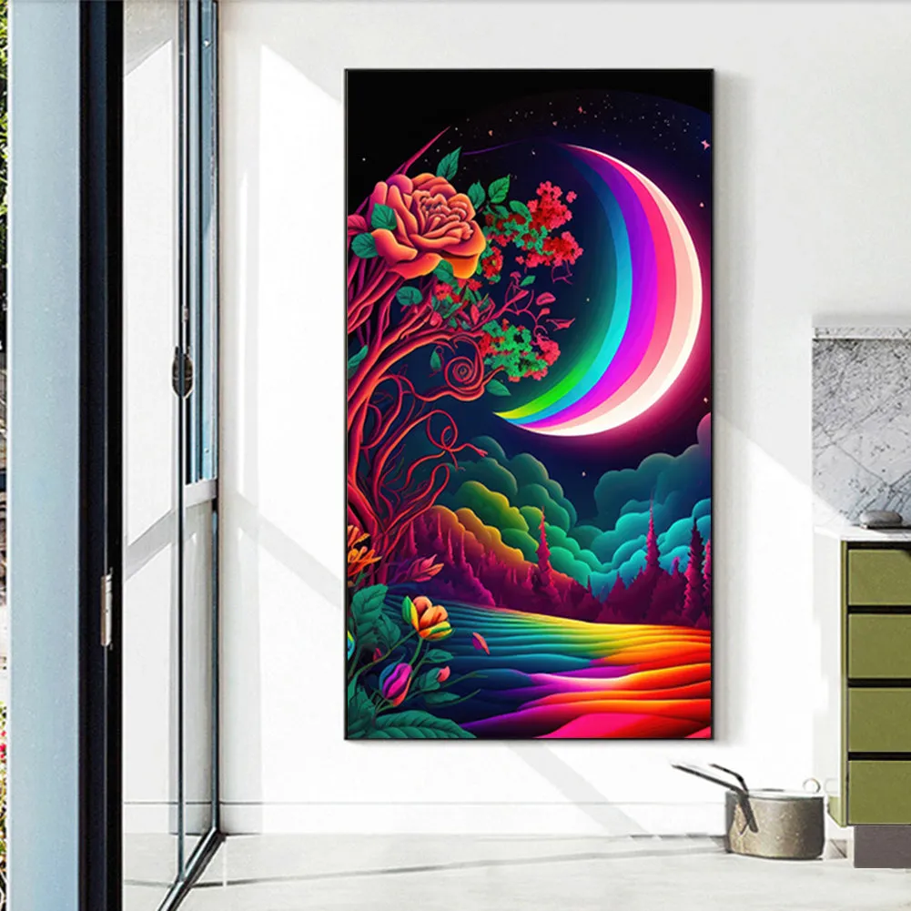 Colorful Moon And Red Rose 40*70Ccm(canvas) full round drill diamond painting