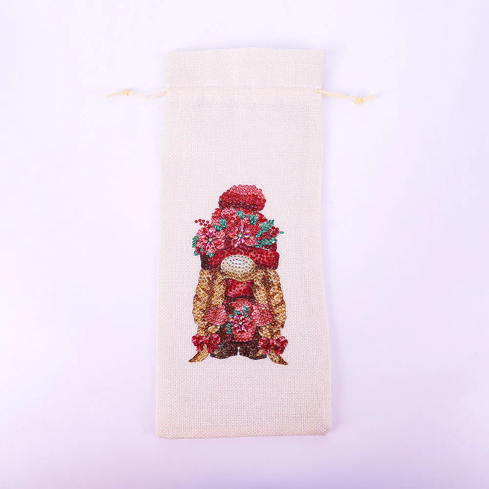 Diamond Painting Burlap Wine Gift Bags Label Liquor Bottle Covers (Gnome)
