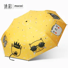 Fashion Cartoon Women's Umbrella Cat Anti UV Black Coating Sun Female Beach Umbrellas Three Folding And Five Folding Parapluie