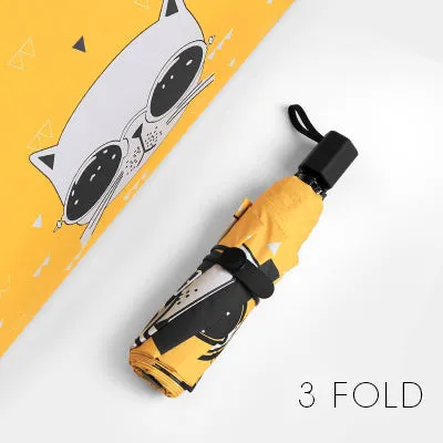 Fashion Cartoon Women's Umbrella Cat Anti UV Black Coating Sun Female Beach Umbrellas Three Folding And Five Folding Parapluie