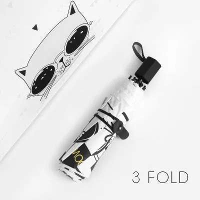 Fashion Cartoon Women's Umbrella Cat Anti UV Black Coating Sun Female Beach Umbrellas Three Folding And Five Folding Parapluie