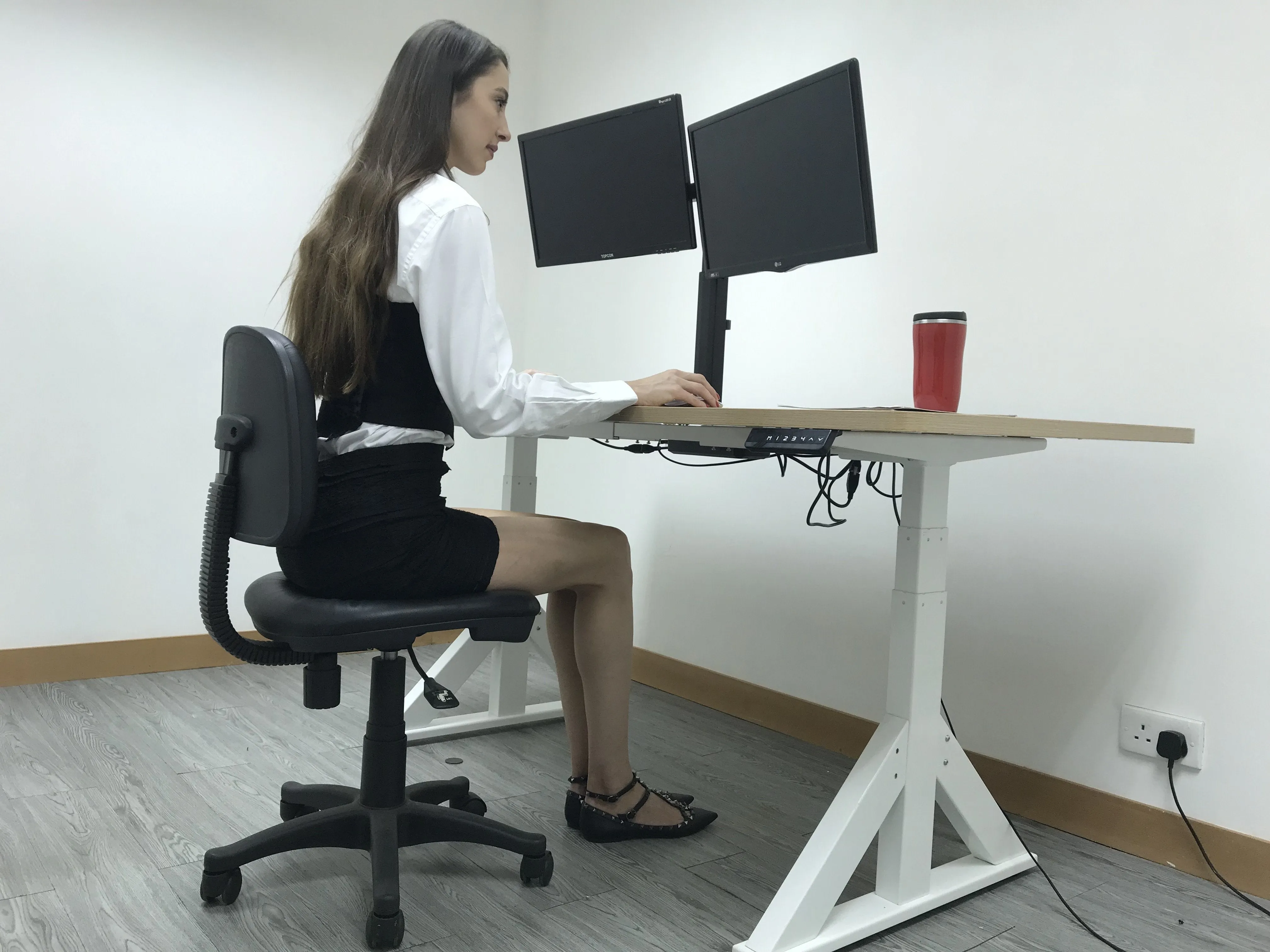 Freestanding Pneumatic Vertical Lift Dual Monitor Stand - Adjustable Monitor Mount, Fits 2 Screens up to 27 Inch, Holds up to 6 kgs per Arm