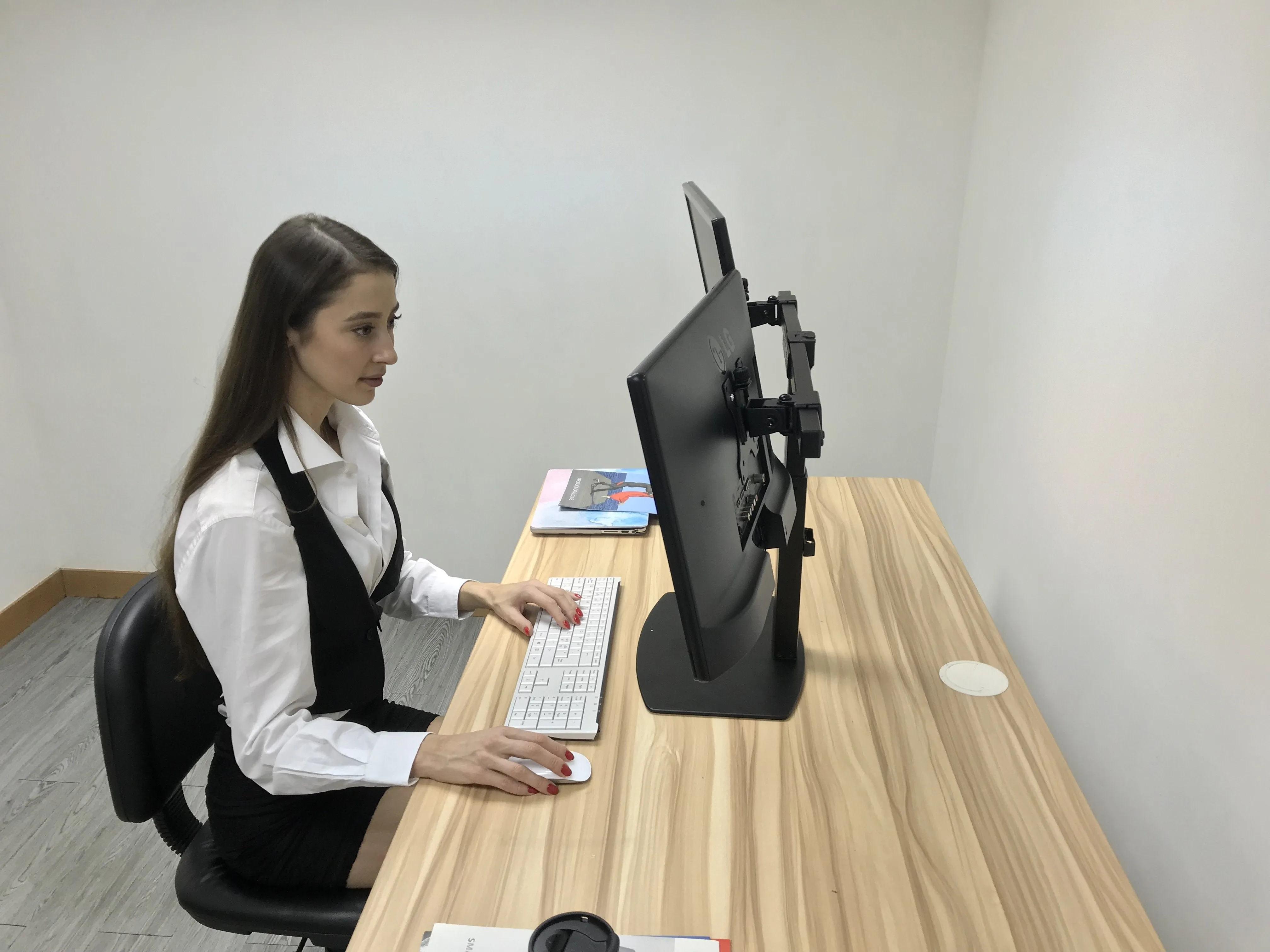 Freestanding Pneumatic Vertical Lift Dual Monitor Stand - Adjustable Monitor Mount, Fits 2 Screens up to 27 Inch, Holds up to 6 kgs per Arm