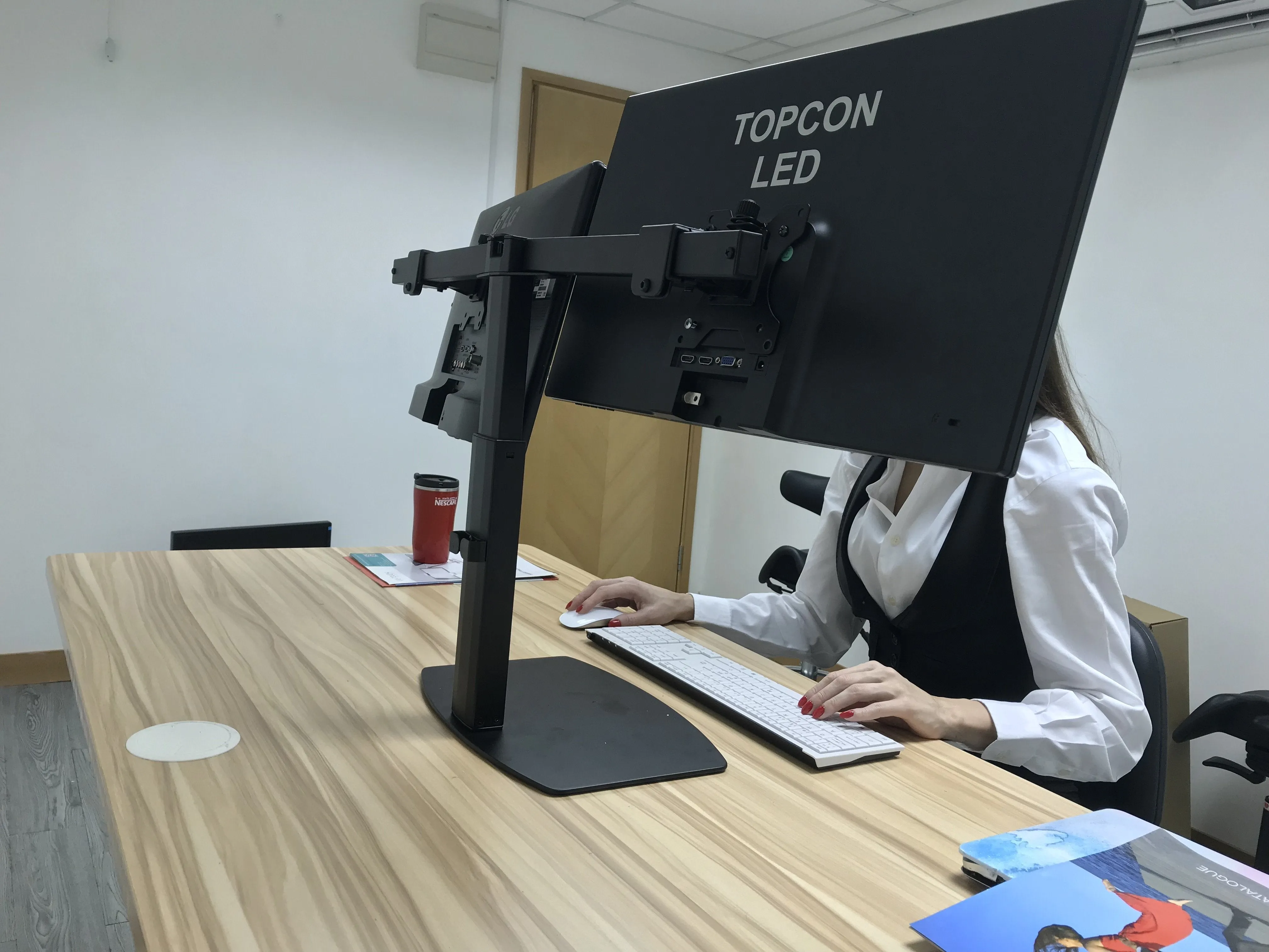Freestanding Pneumatic Vertical Lift Dual Monitor Stand - Adjustable Monitor Mount, Fits 2 Screens up to 27 Inch, Holds up to 6 kgs per Arm