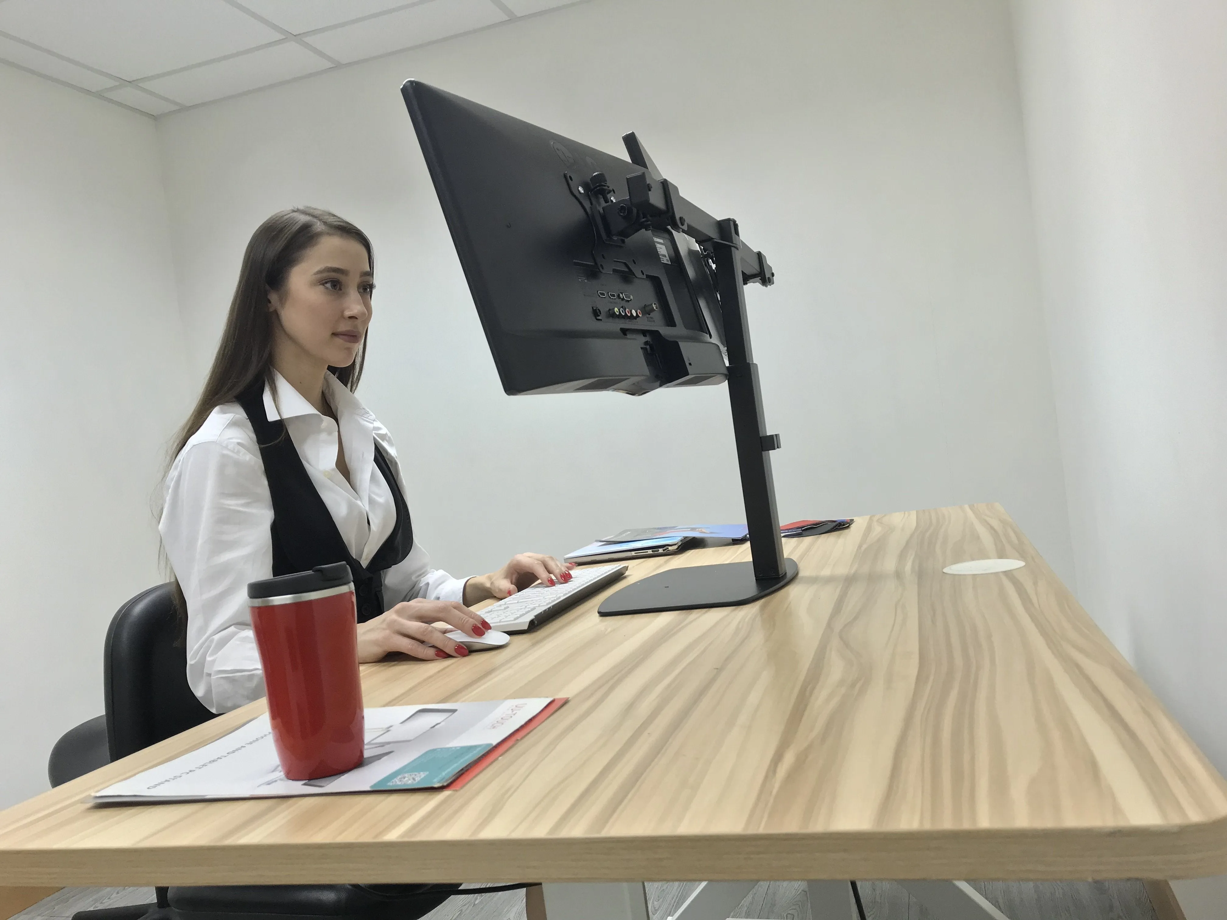 Freestanding Pneumatic Vertical Lift Dual Monitor Stand - Adjustable Monitor Mount, Fits 2 Screens up to 27 Inch, Holds up to 6 kgs per Arm