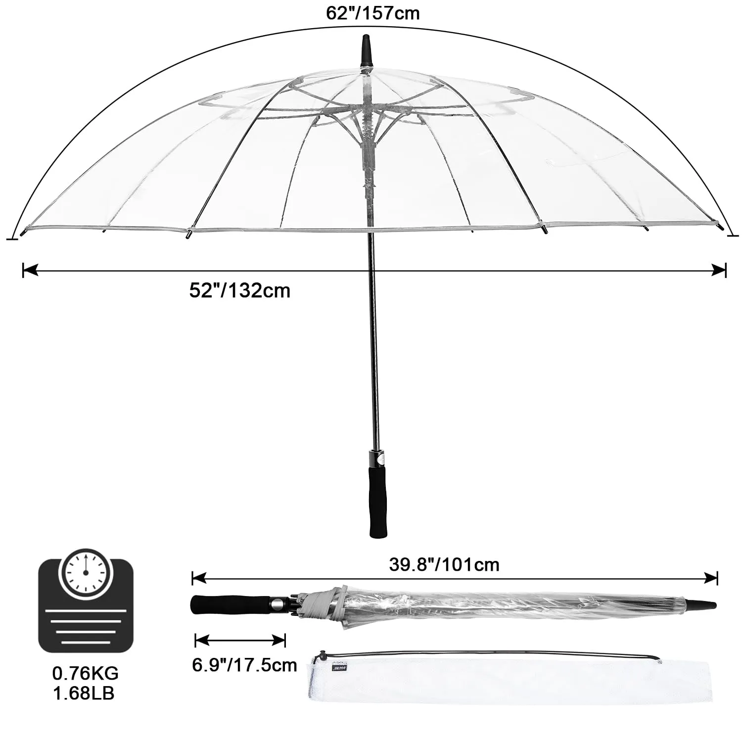 G4Free 62 Inch Clear Golf Umbrella Transparent Auto Open Large Stick Umbrella