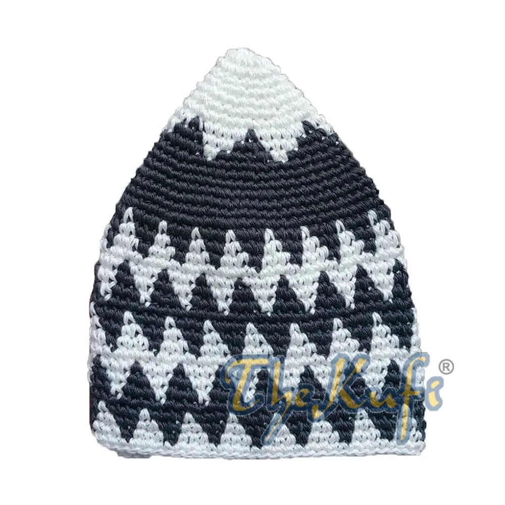 Hand-Crocheted Cotton Sturdy Off-White & Dark Gray Zigzag Kufi Hat