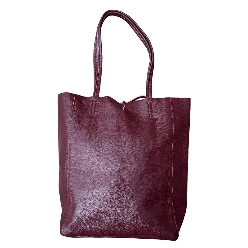 Italian Big Leather Tote in Red Plum