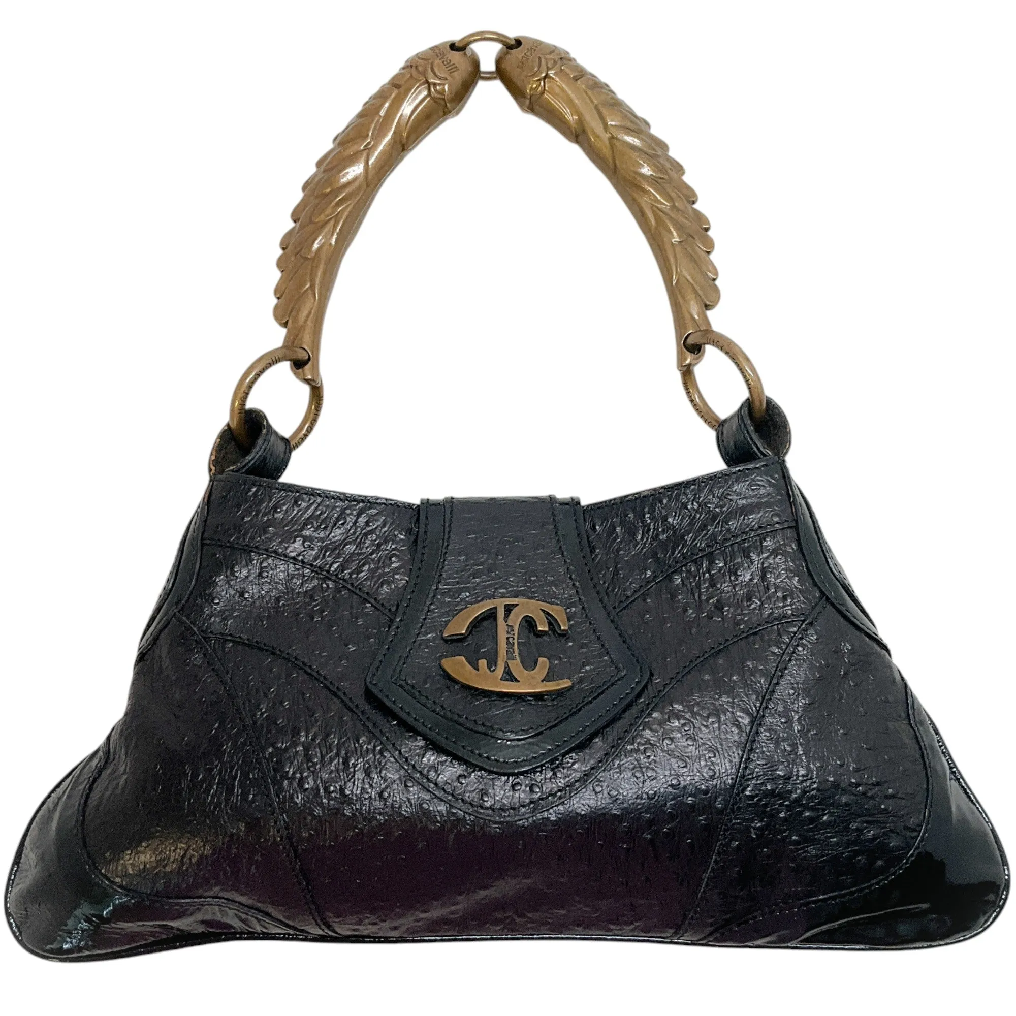 Just Cavalli Black Leather Wing Handle Shoulder Bag