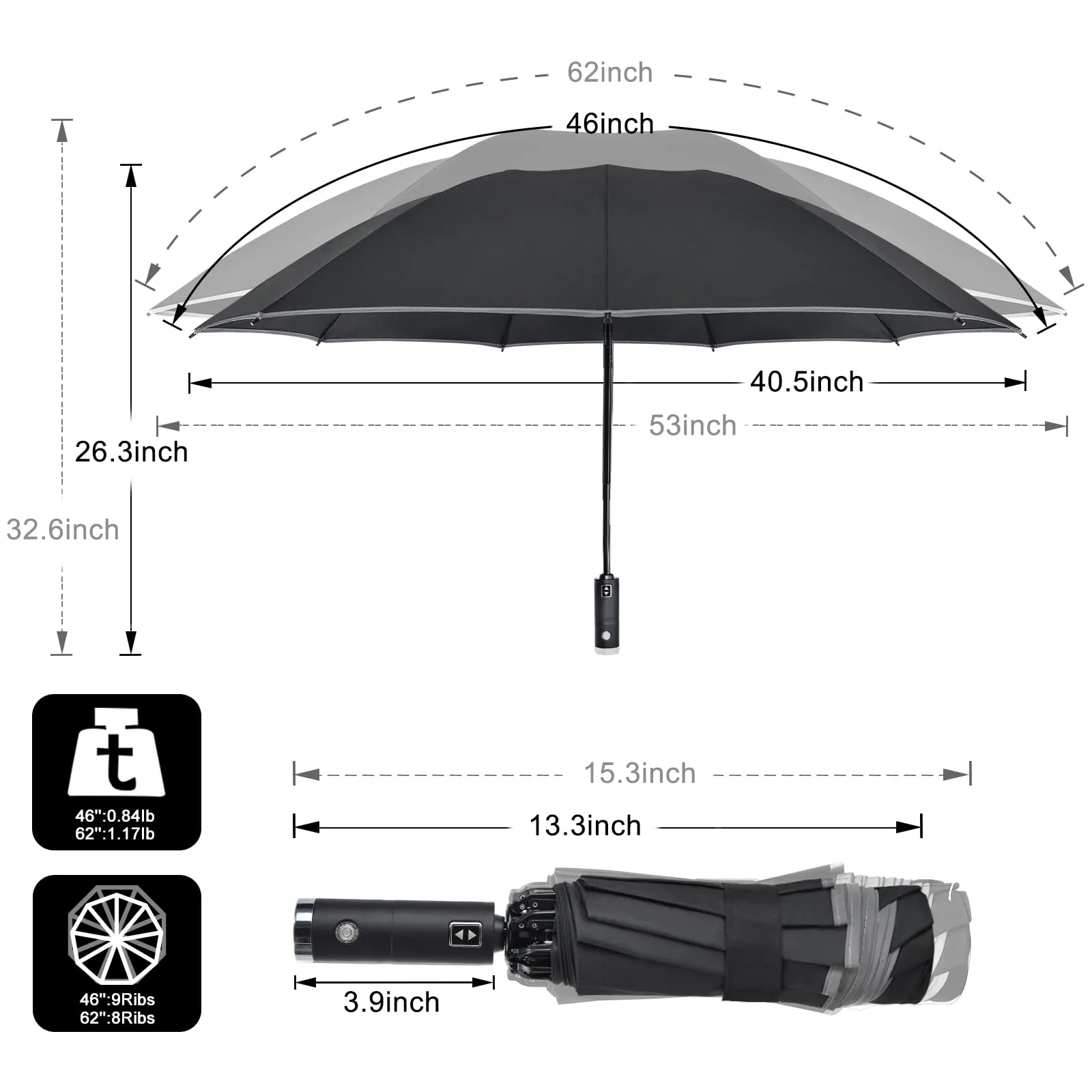 Lejorain Folding Reverse LED Umbrella - Upside Down Reflective Umbrella Compact Inverted Travel Windproof Umbrella Auto Open Close for Rain
