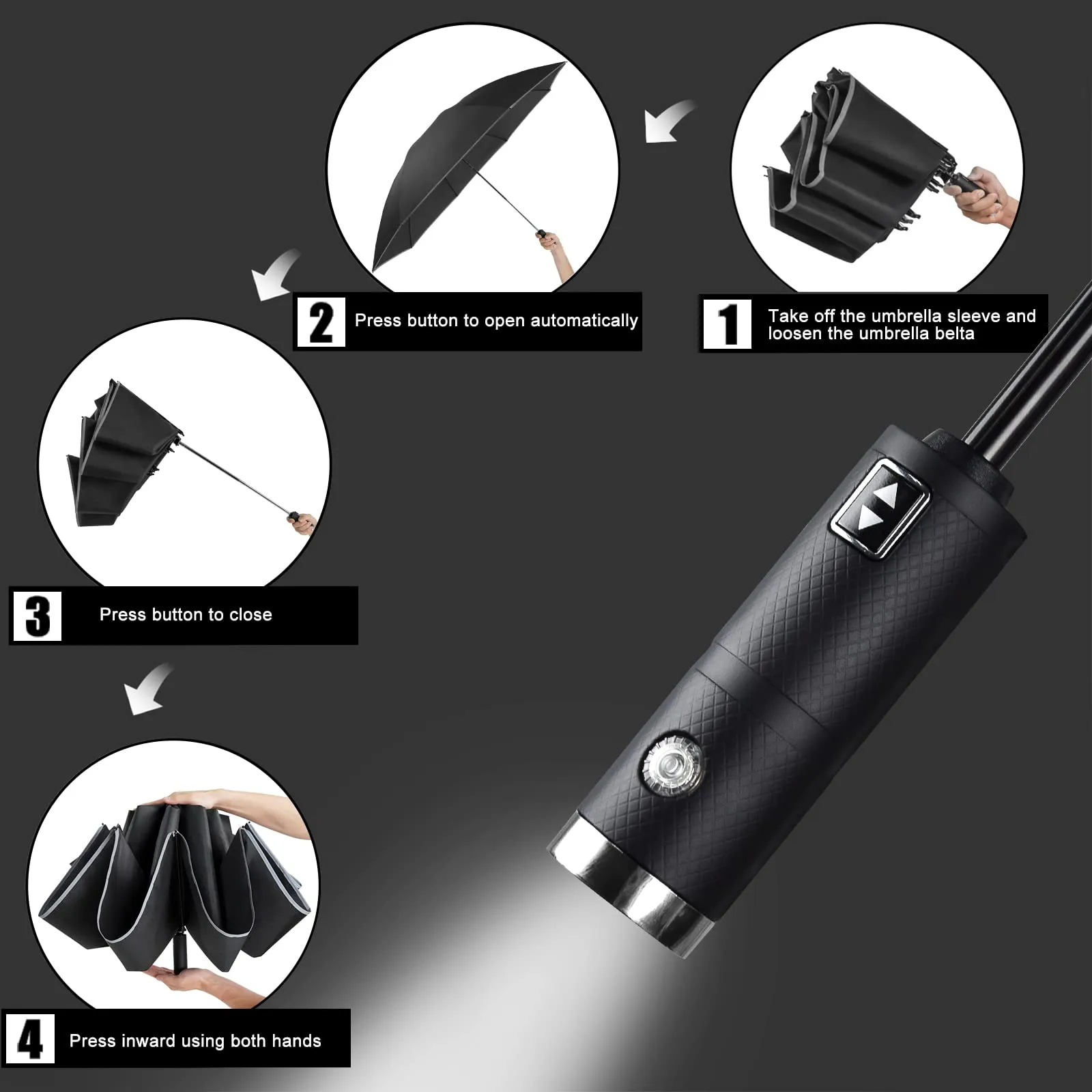 Lejorain Folding Reverse LED Umbrella - Upside Down Reflective Umbrella Compact Inverted Travel Windproof Umbrella Auto Open Close for Rain