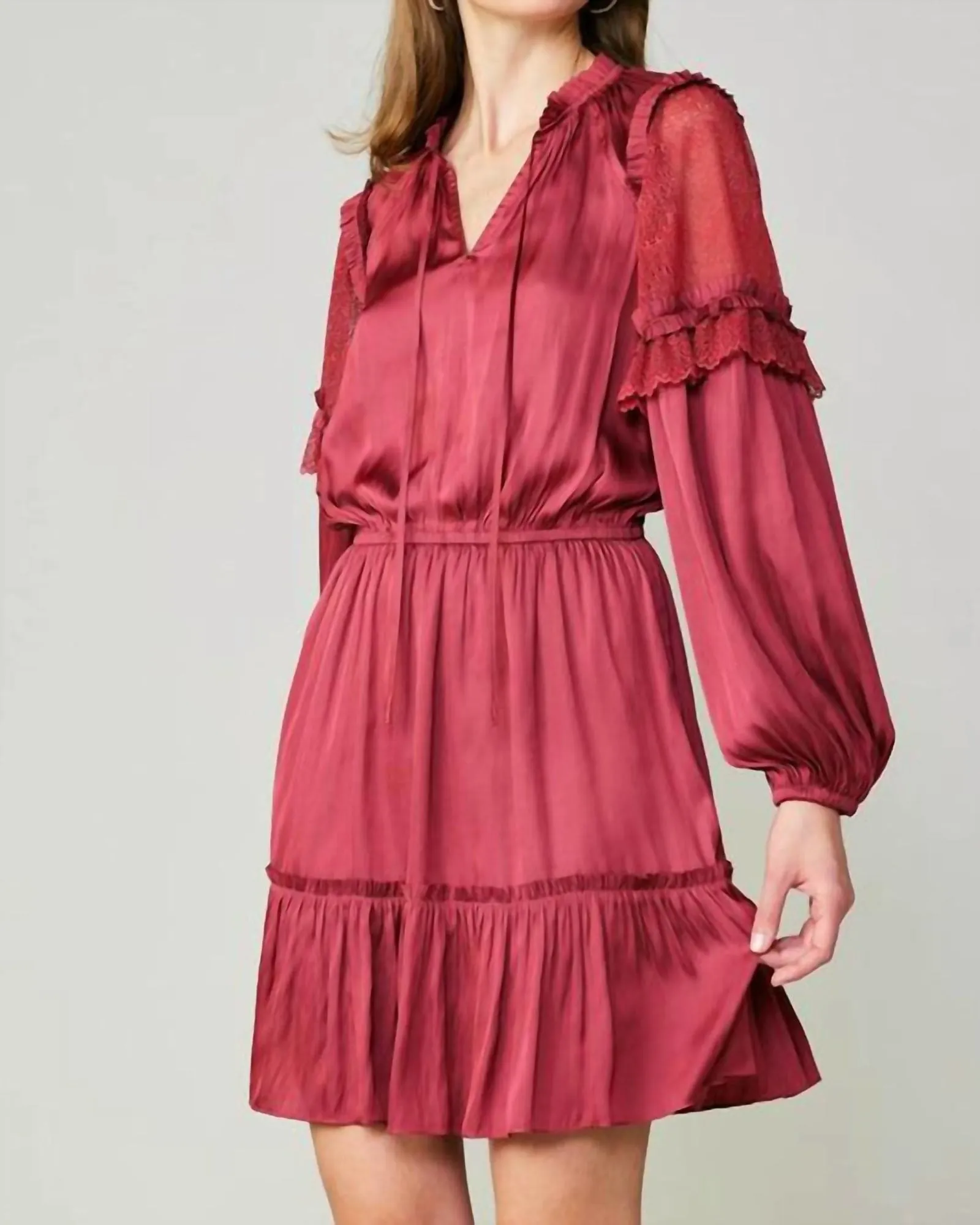 Long Sleeve Split Neck Midi Dress In Raspberry | Raspberry