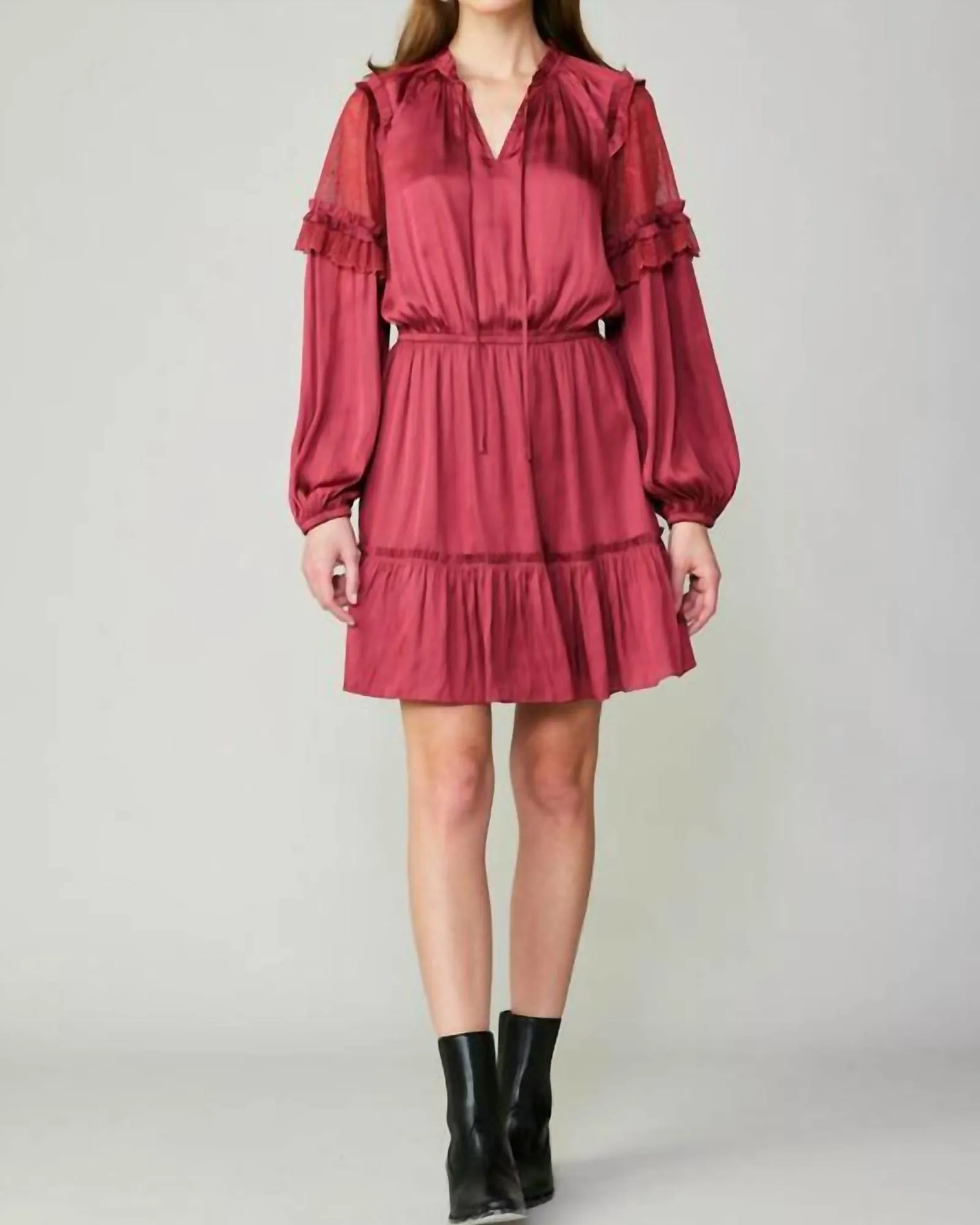 Long Sleeve Split Neck Midi Dress In Raspberry | Raspberry