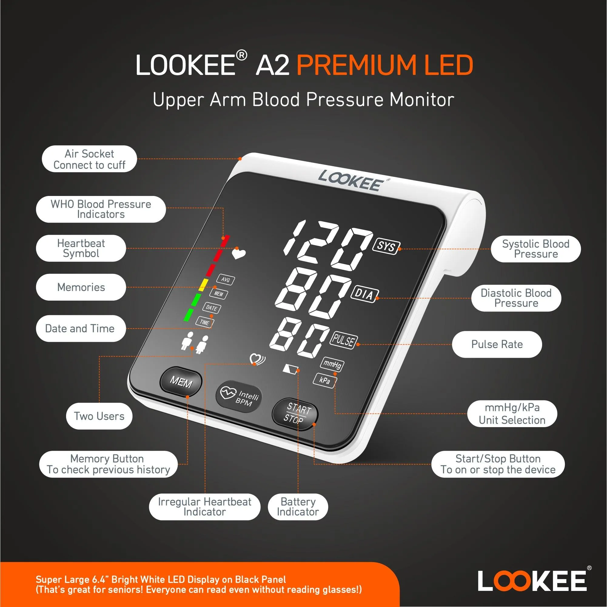 LOOKEE® A2 Premium LED Automatic Upper Arm Blood Pressure Monitor | BP Machine for Home Use | Large Genuine 6.4" LED Panel | Memories for Two Users