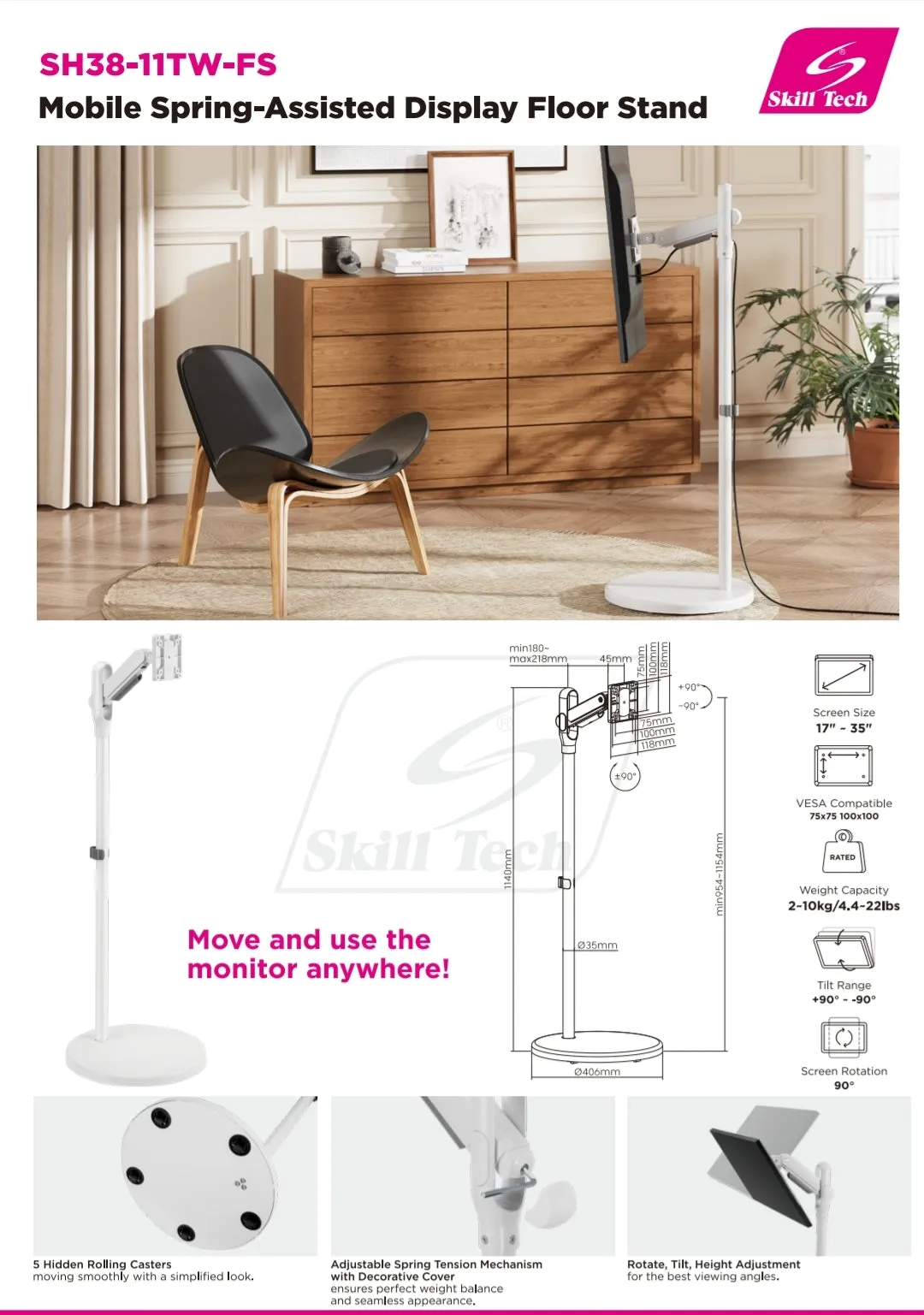 Mobile Spring-Assisted TV Monitor Cart Floor TV Stand Mount for Most 17" to 35" Screens up to 10 kg - SH38 11TW FS