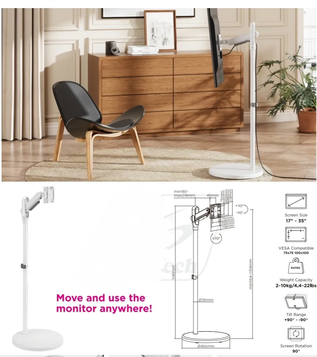 Mobile Spring-Assisted TV Monitor Cart Floor TV Stand Mount for Most 17" to 35" Screens up to 10 kg - SH38 11TW FS