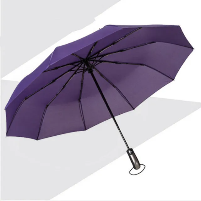 New Fully-automatic Three Folding Male Commercial Compact Large Strong Frame Windproof 10Ribs Gentle Black Umbrellas