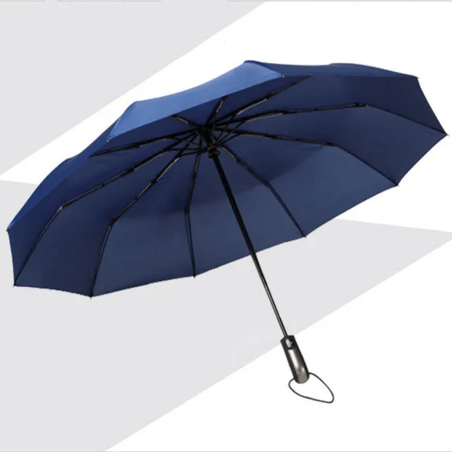 New Fully-automatic Three Folding Male Commercial Compact Large Strong Frame Windproof 10Ribs Gentle Black Umbrellas