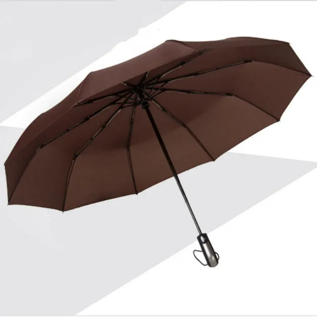 New Fully-automatic Three Folding Male Commercial Compact Large Strong Frame Windproof 10Ribs Gentle Black Umbrellas