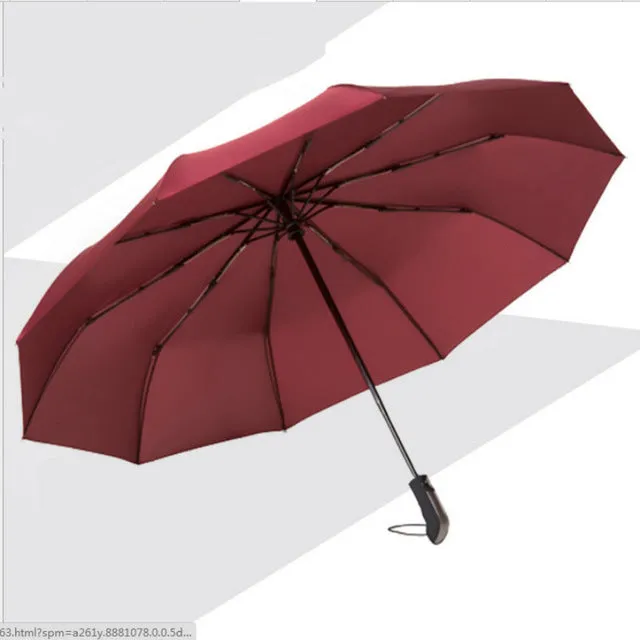 New Fully-automatic Three Folding Male Commercial Compact Large Strong Frame Windproof 10Ribs Gentle Black Umbrellas