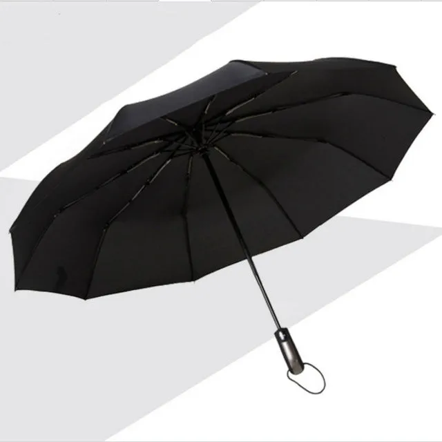 New Fully-automatic Three Folding Male Commercial Compact Large Strong Frame Windproof 10Ribs Gentle Black Umbrellas